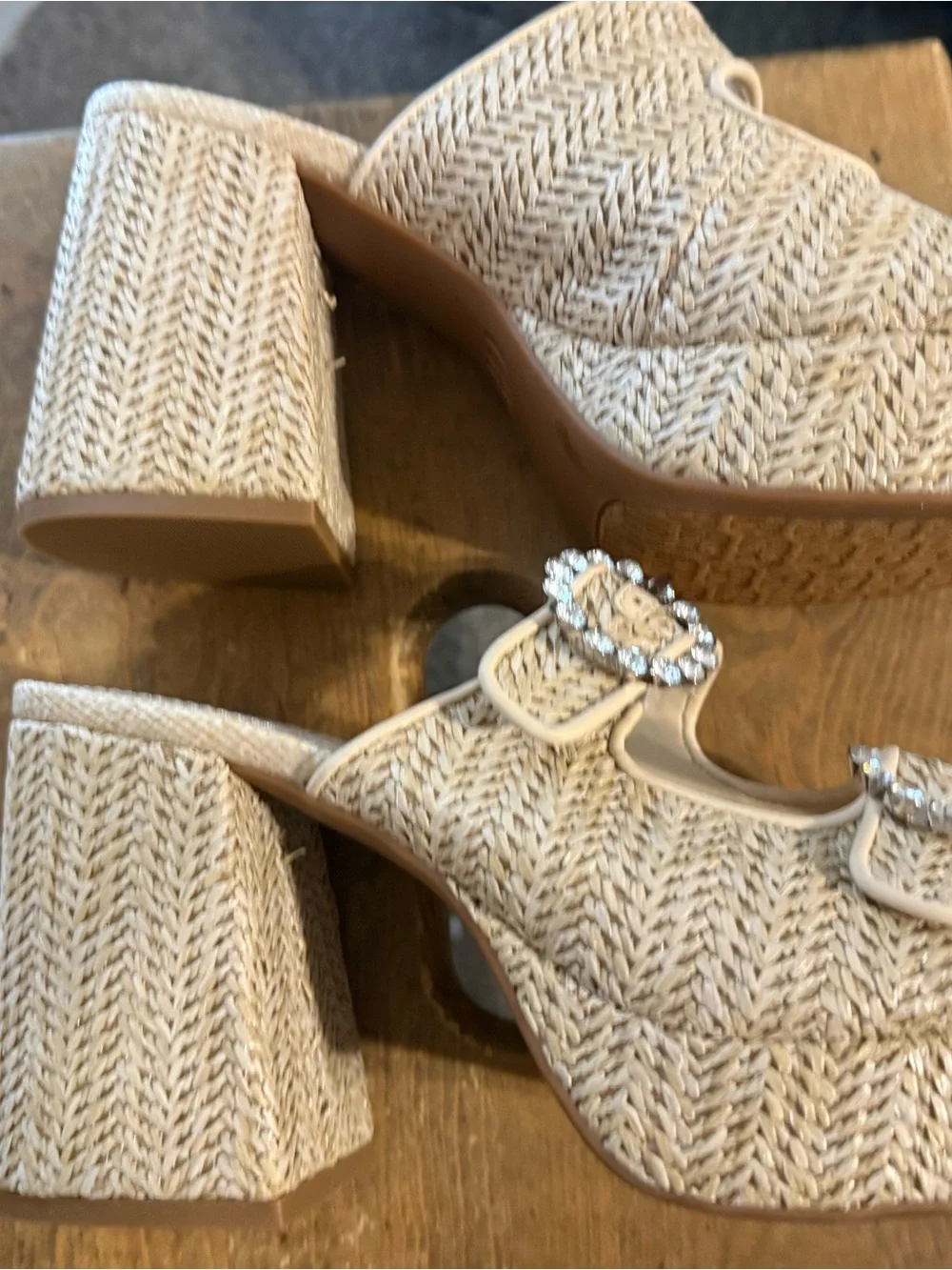 Gianni Bini Beige Raffia Platform Sandals with Crystal Buckles, Block Heel NWOT